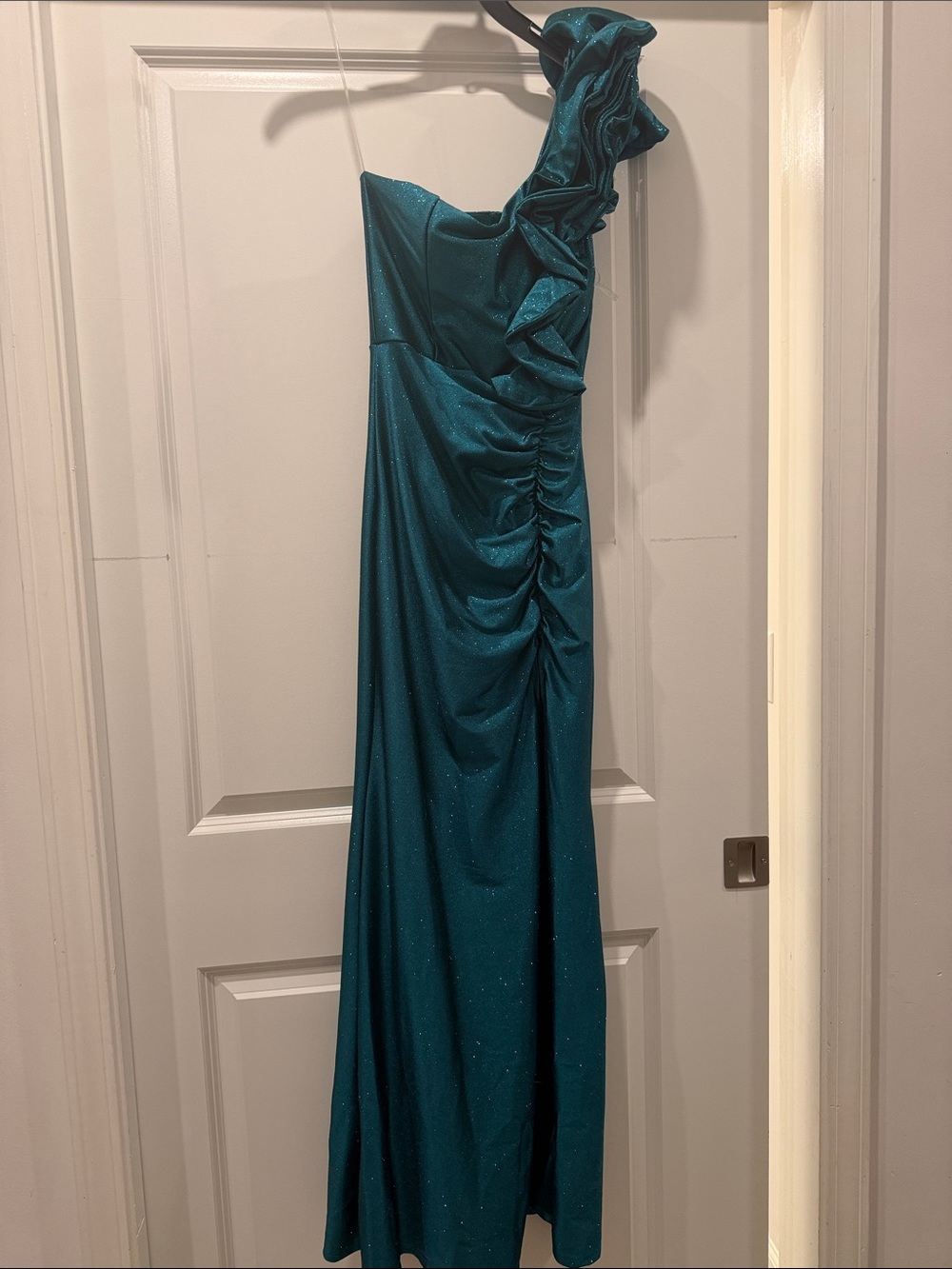 Honey and Rosie One-Shoulder Teal Evening Gown with Ruching and side slit